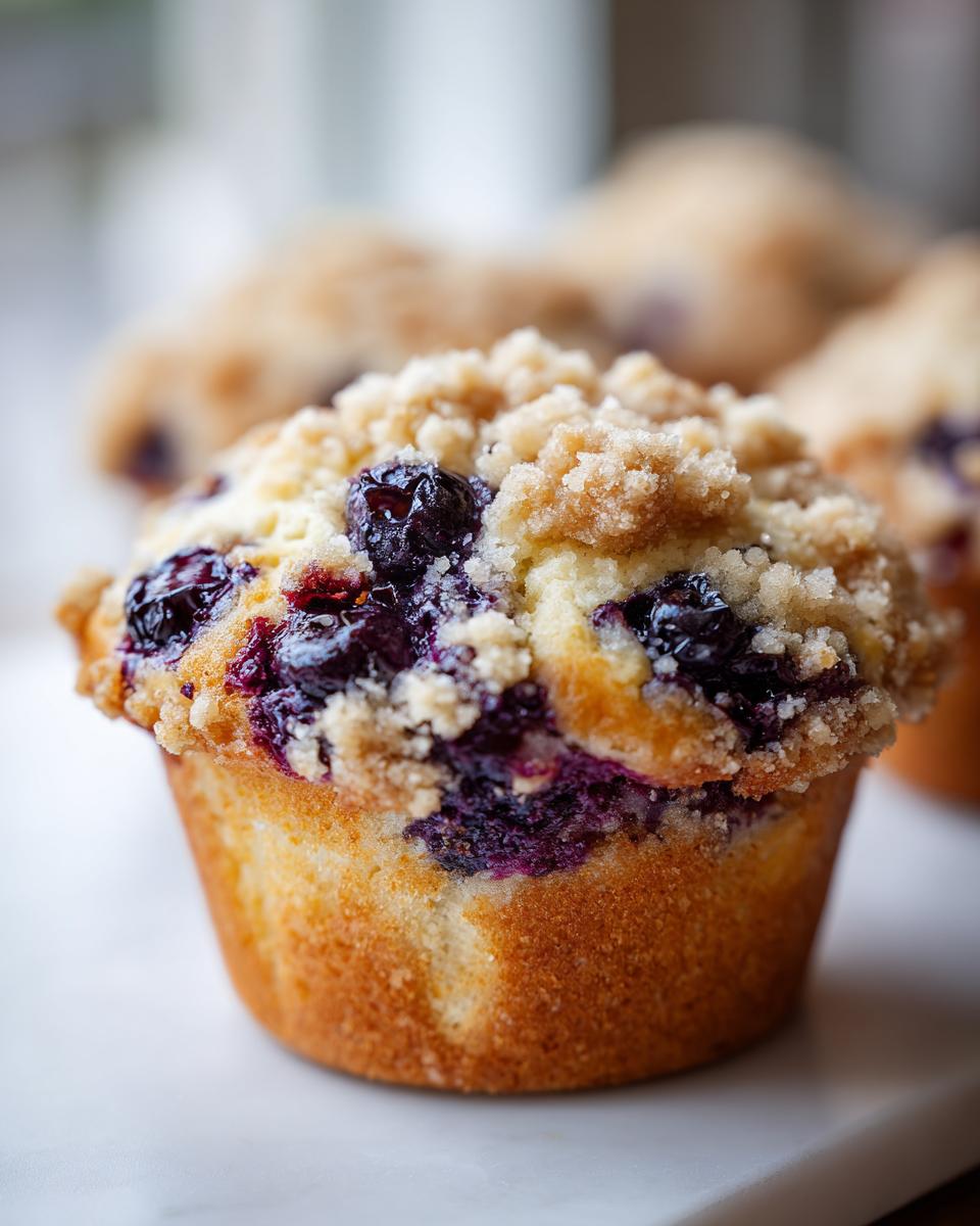 Close-up of a golden baked blueberry muffin topped with sweet streusel crumb topping.
