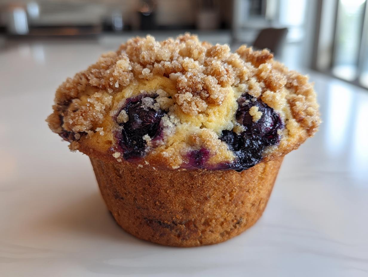 Close-up of a golden brown blueberry muffin topped with a thick, sugary streusel crumb topping.