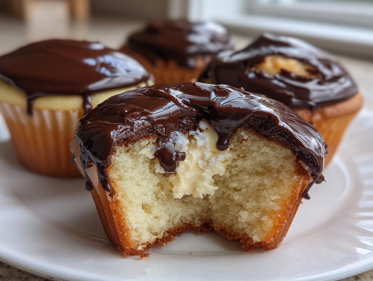 A bitten boston cream pie cupcake showing vanilla cake, pastry cream filling, and rich chocolate ganache topping.