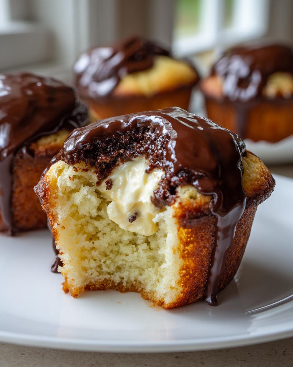 A bitten boston cream pie cupcakes showing vanilla cream filling, topped with rich chocolate ganache.