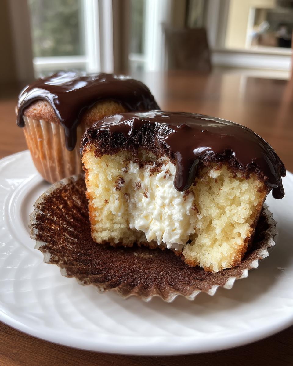 Close-up of a boston cream pie cupcake cut open revealing vanilla cream filling, topped with chocolate ganache.