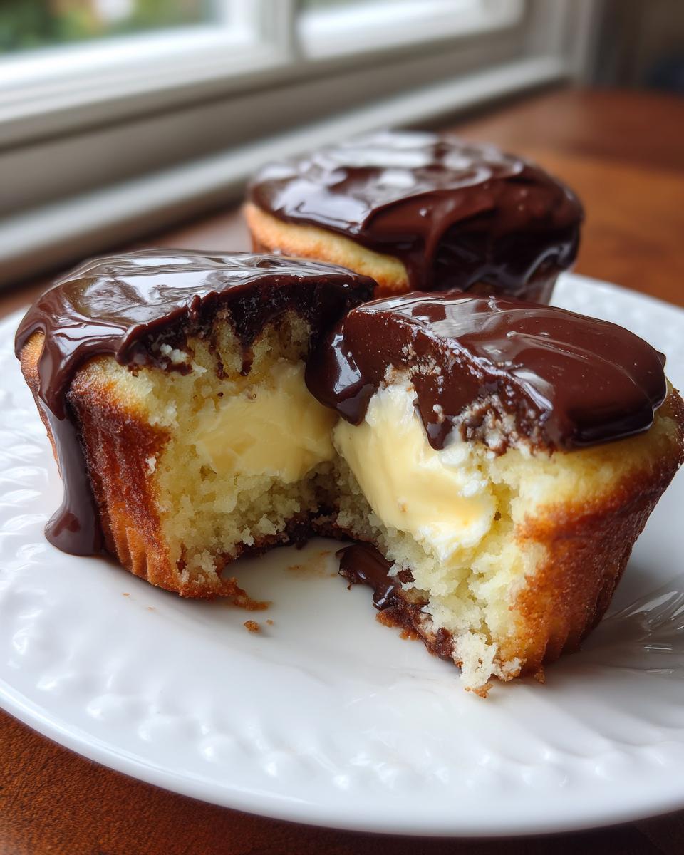 Close-up of boston cream pie cupcakes, one cut open revealing vanilla cream filling and topped with rich chocolate ganache.