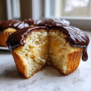 Close-up of a boston cream pie cupcake cut in half showing vanilla cake, pastry cream filling, and chocolate ganache topping.
