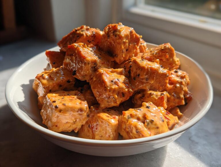 Close-up of bite-sized salmon pieces coated in creamy, orange Bang Bang salmon sauce with visible black sesame seeds.