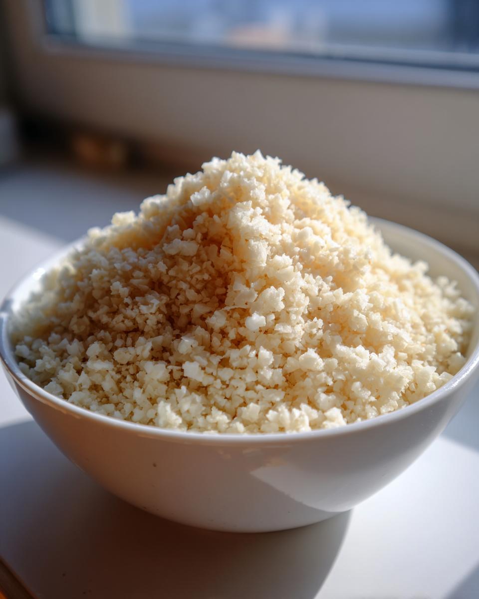 A white bowl filled high with freshly riced, uncooked cauliflower rice, brightly lit by a window.
