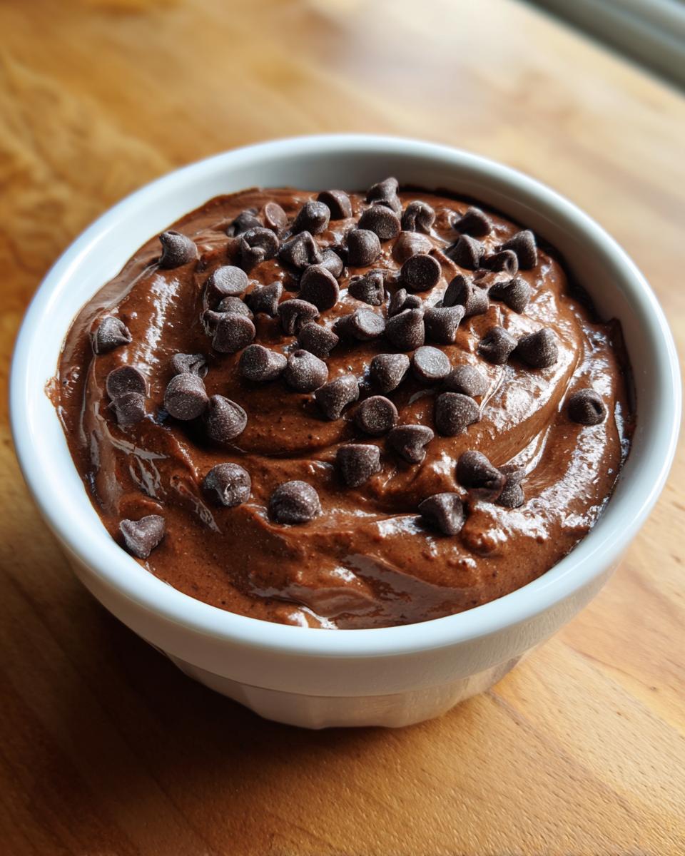 A close-up of thick, rich brownie batter dip in a white bowl, generously topped with semi-sweet chocolate chips.