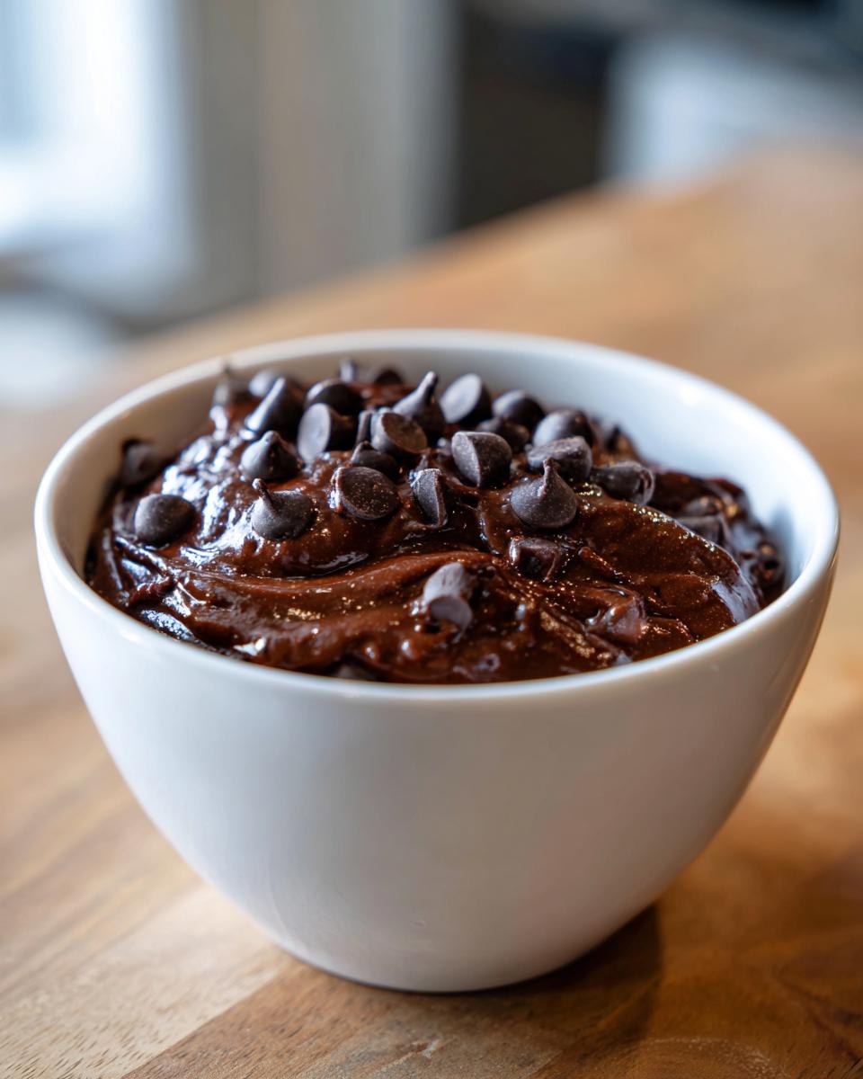 A white bowl filled with rich, glossy brownie batter dip topped generously with semi-sweet chocolate chips.