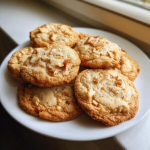 A stack of golden brown butter pecan cookies topped with chopped pecans on a white plate.