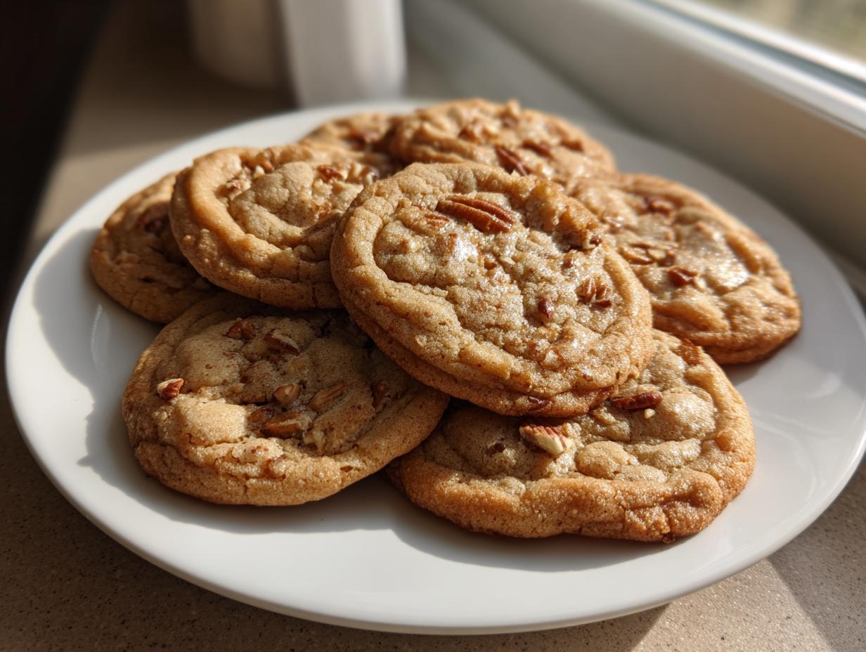 A stack of golden brown butter pecan cookies topped with chopped pecans, resting on a white plate near a sunny window.