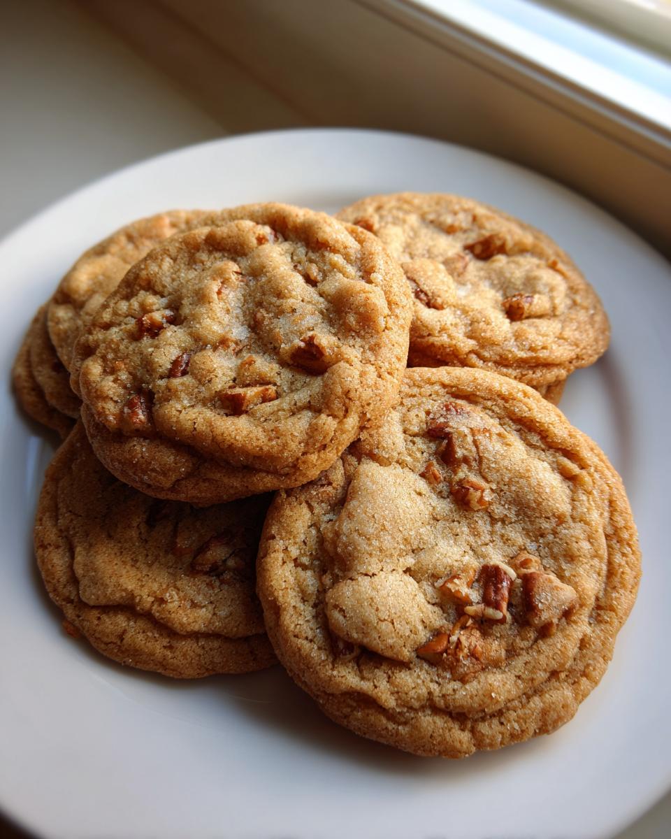 A stack of golden brown butter pecan cookies, studded with chopped pecans, resting on a white plate near a window.