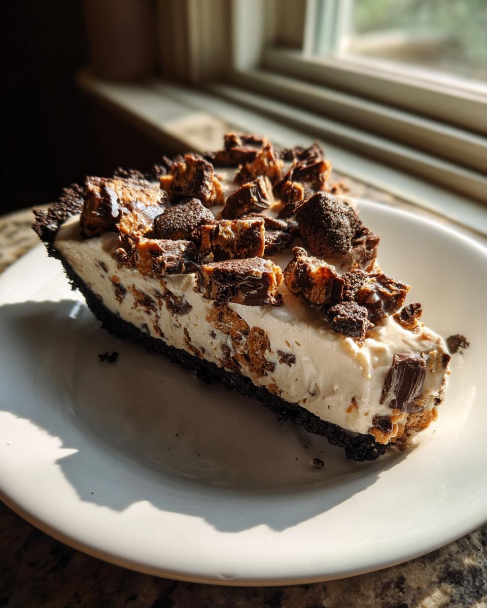 A close-up slice of creamy butterfinger pie with a dark chocolate crust, topped with chopped candy pieces.