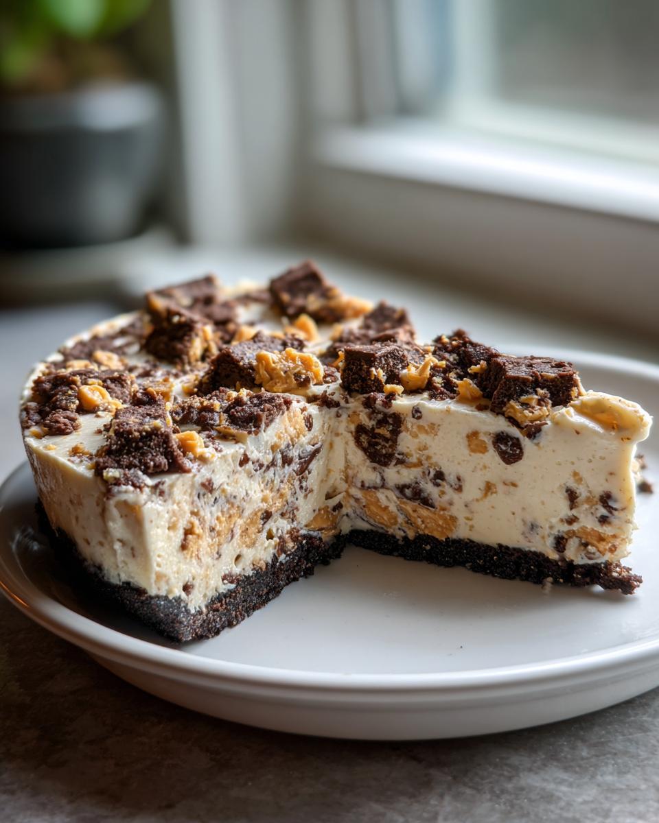 A slice removed from a creamy, no-bake Butterfinger pie showing the chocolate crust and candy pieces throughout.