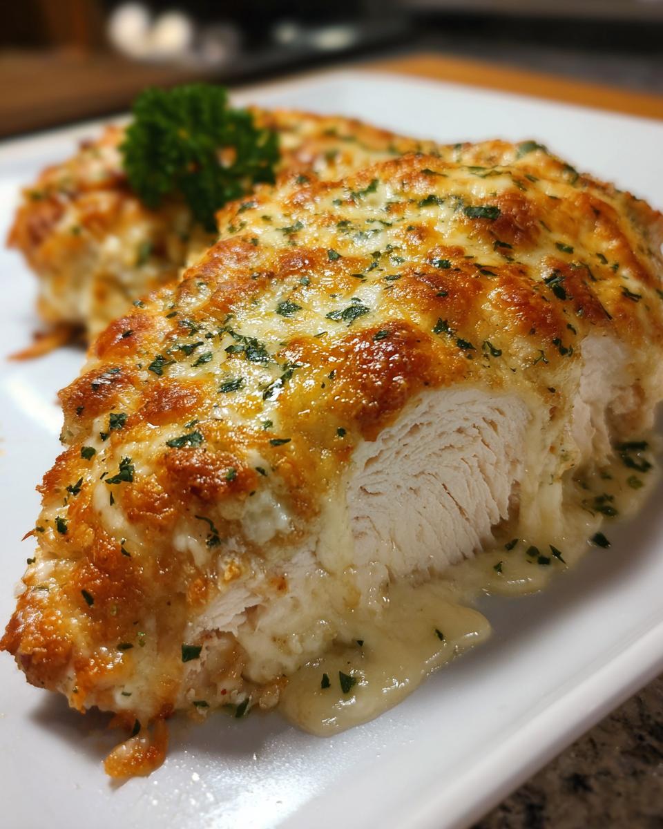 Close-up of a sliced caesar chicken breast showing juicy white meat topped with melted, browned cheese and parsley.