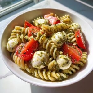 A close-up of delicious caprese pasta salad featuring rotini pasta, cherry tomatoes, and small mozzarella balls coated in pesto.