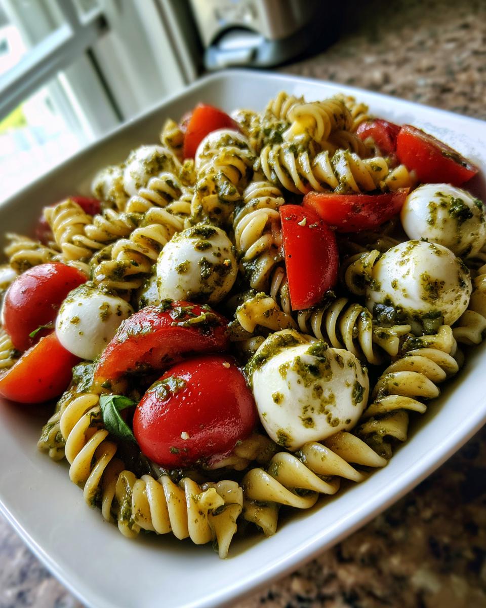 Close-up of a bowl filled with caprese pasta salad featuring rotini pasta, cherry tomatoes, and mozzarella balls coated in pesto.