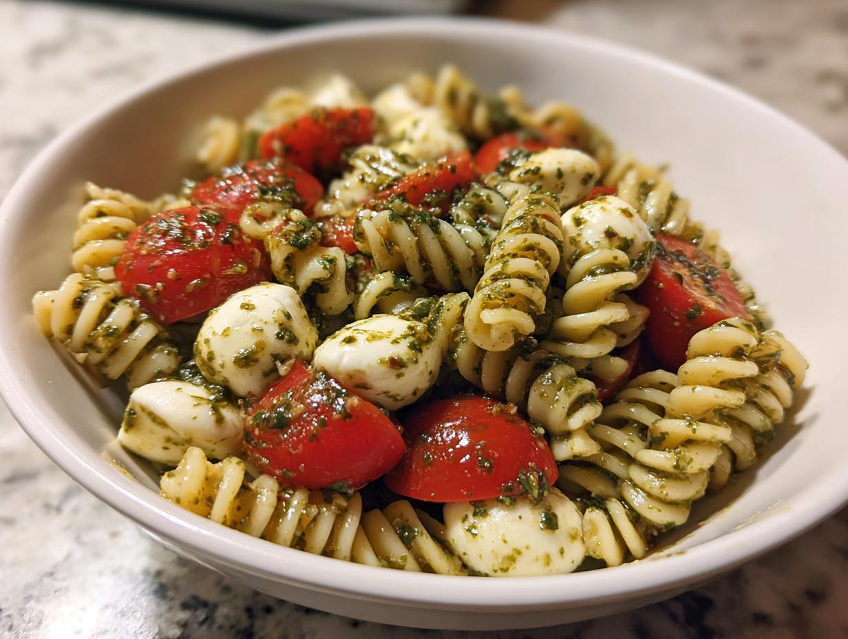 A close-up of fusilli pasta tossed with cherry tomatoes, mozzarella balls, and pesto in a white bowl, featuring our caprese pasta salad.