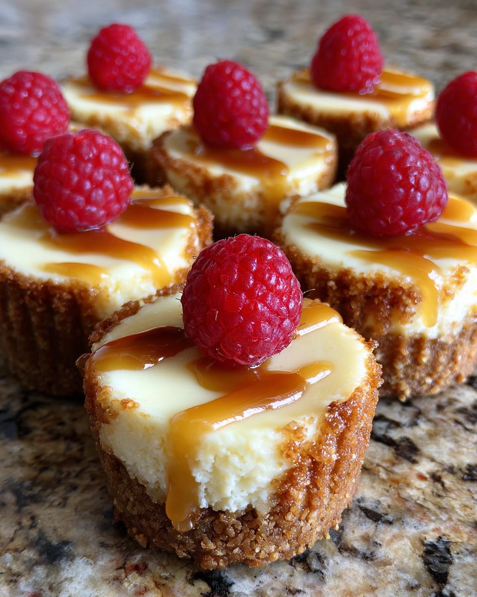 Close-up of several mini cheesecake bites topped with caramel drizzle and a fresh raspberry.