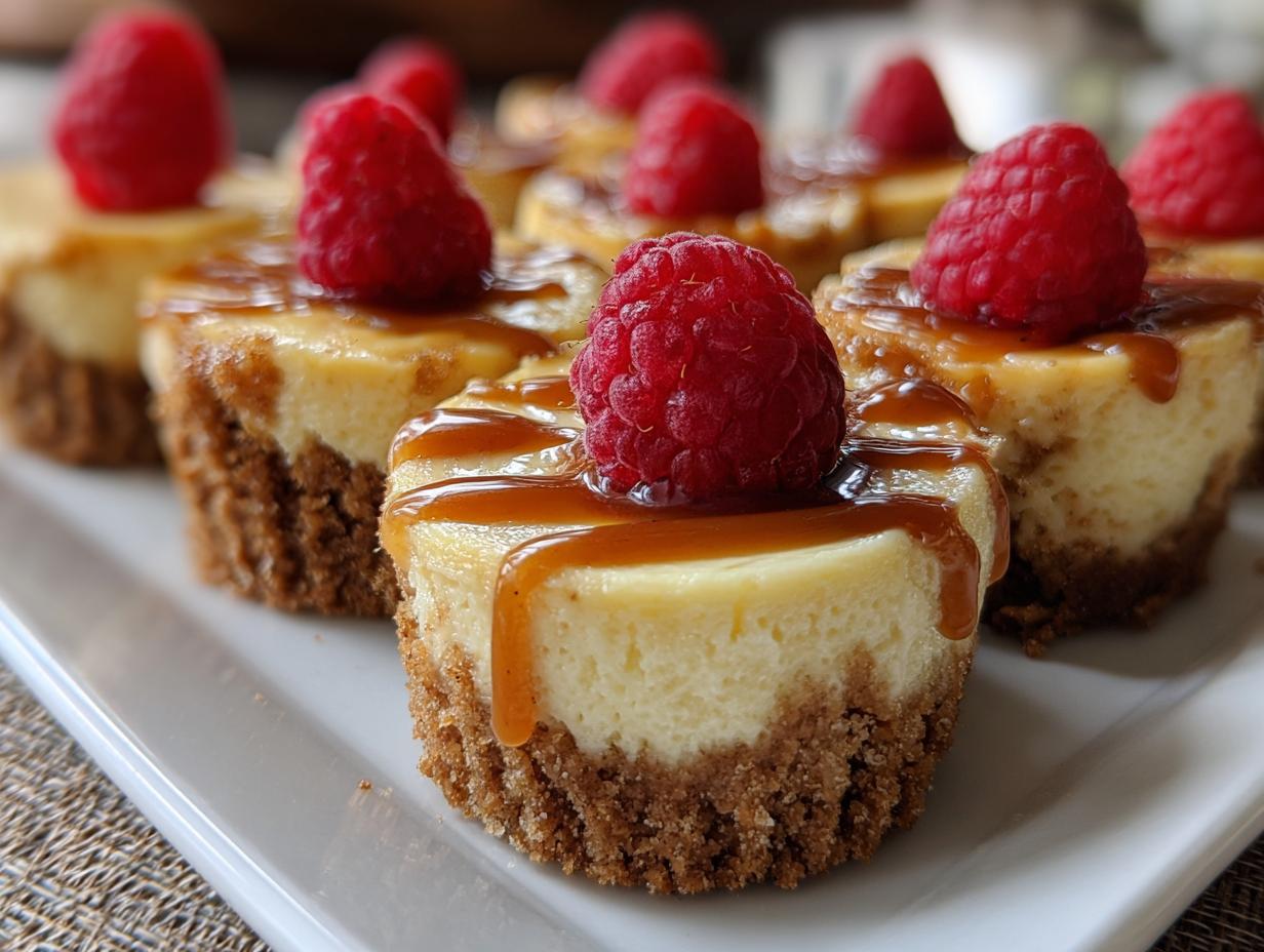 Close-up of several caramel-drizzled mini cheesecake bites topped with fresh raspberries on a white platter.
