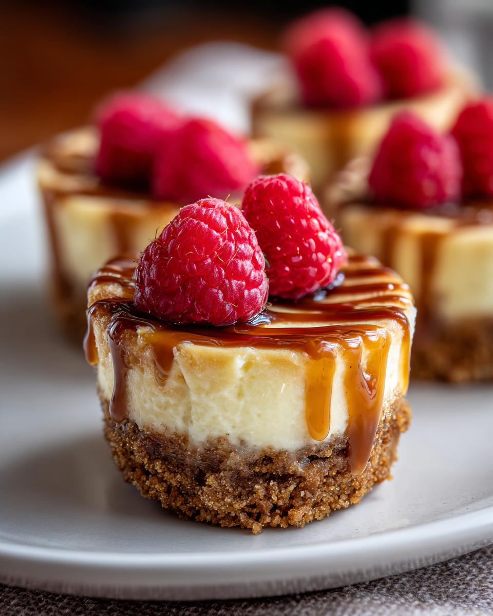 Close-up of a single mini cheesecake topped with caramel drizzle and fresh raspberries.