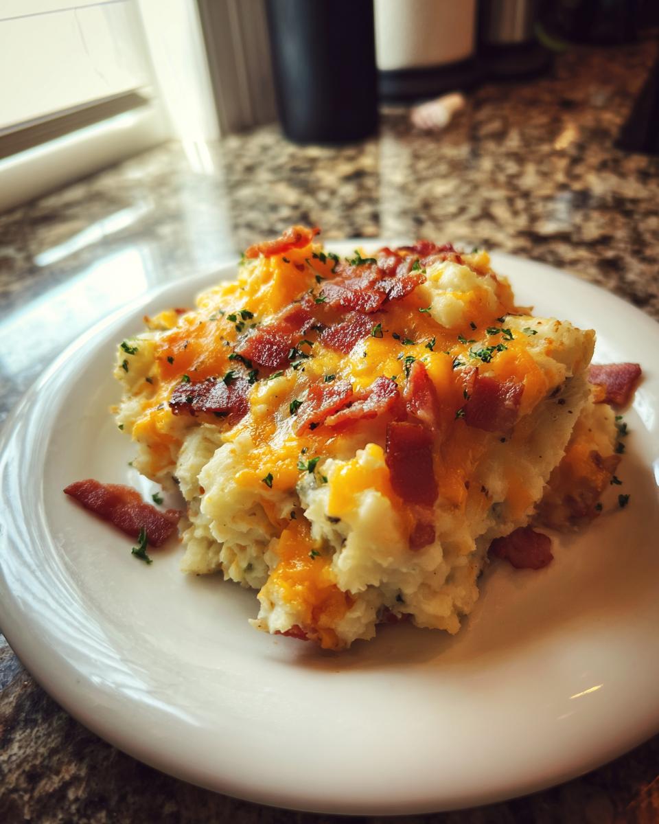 A generous serving of cheesy mashed potato casserole topped with melted cheddar, bacon bits, and parsley.
