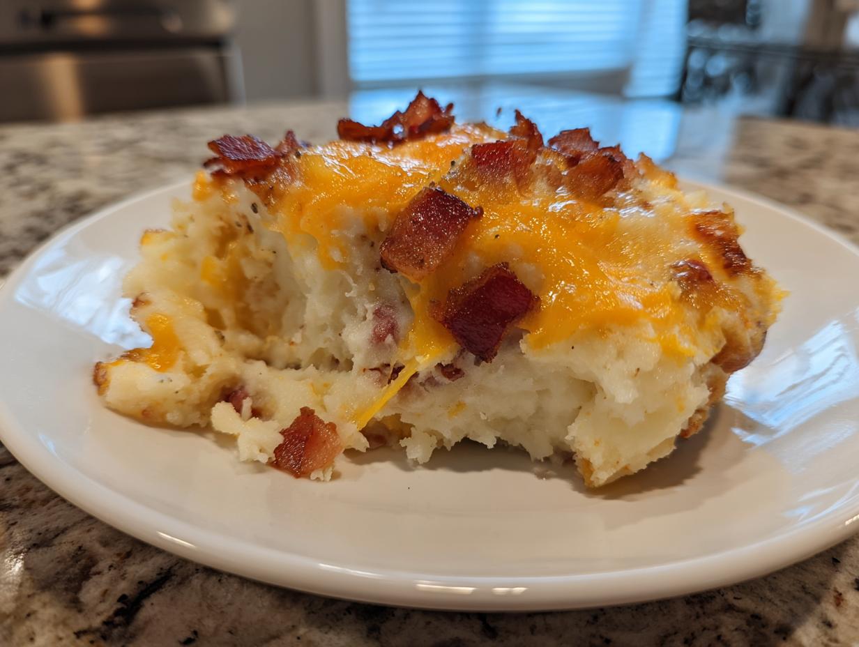 A generous serving of baked mashed potato casserole topped with melted cheddar cheese and crispy bacon bits.