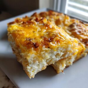 A close-up shot of a fluffy, cheesy slice of baked egg bake with a golden-brown, melted cheddar topping.