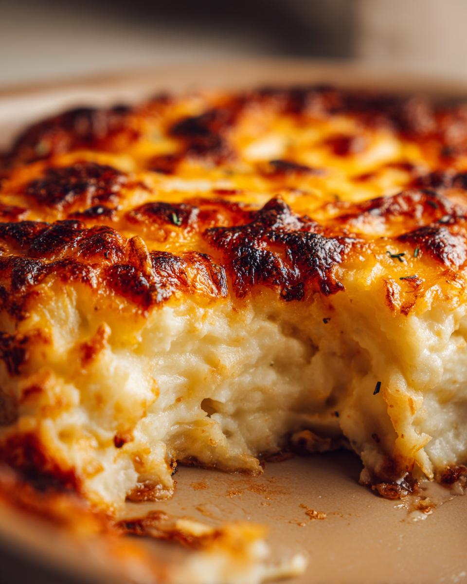 A close-up view of creamy baked mashed potatoes with a deeply browned, cheesy crust, showing a scoop removed.