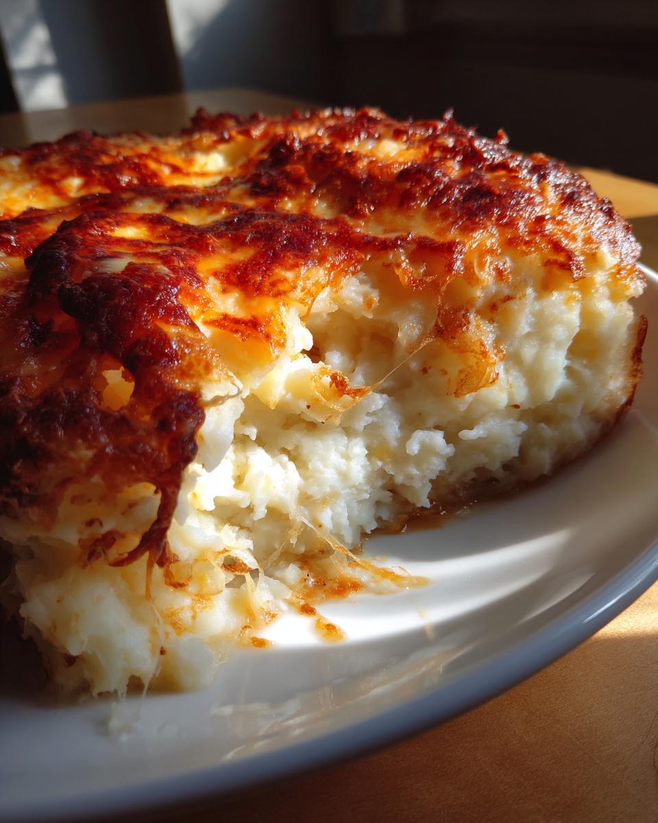 A close-up of a portion of baked mashed potatoes with a deeply browned, cheesy crust being lifted.