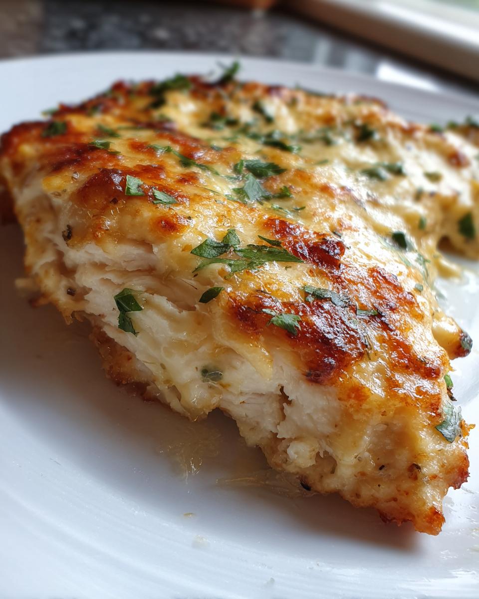 A close-up of a juicy caesar chicken breast topped with melted, browned cheese and fresh parsley.