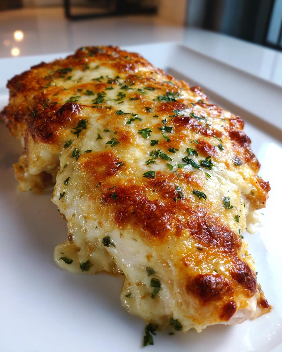 Close-up of baked caesar chicken topped with melted, browned cheese and fresh parsley.