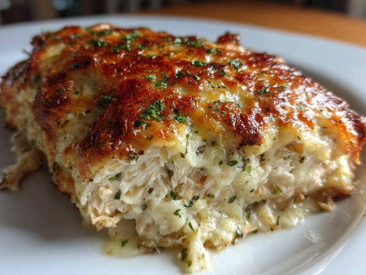 A close-up slice of baked caesar chicken topped with melted, browned cheese and sprinkled with parsley.