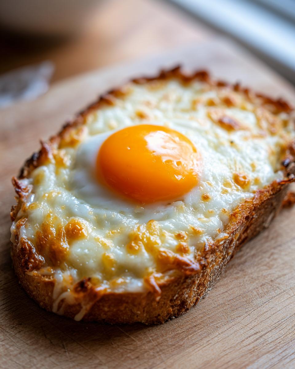 Close-up of cheesy egg toast featuring a perfectly cooked egg with a bright orange, runny yolk on melted cheese.