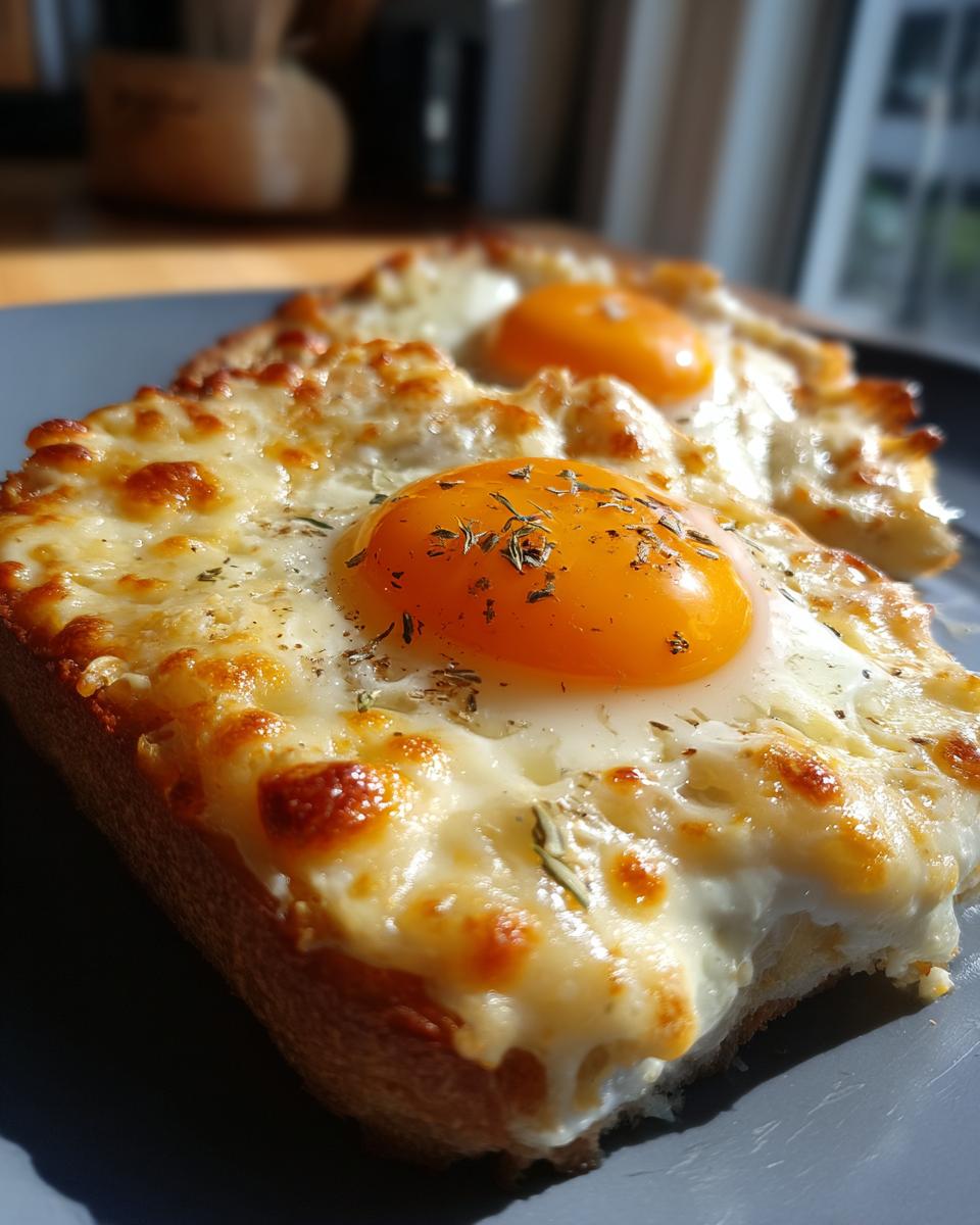 Close-up of two slices of cheesy egg toast topped with a bright orange runny yolk and herbs.