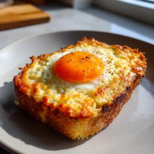 Close-up of cheesy egg toast topped with a perfectly cooked sunny side up egg sprinkled with pepper.