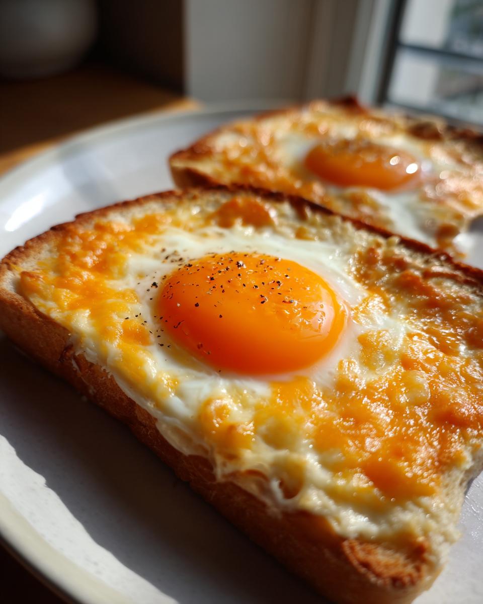 Two slices of cheesy egg toast topped with a bright, runny egg yolk sprinkled with black pepper.