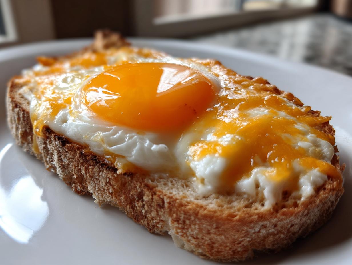 Close-up of cheesy egg toast featuring a perfectly cooked sunny-side-up egg on toasted bread.
