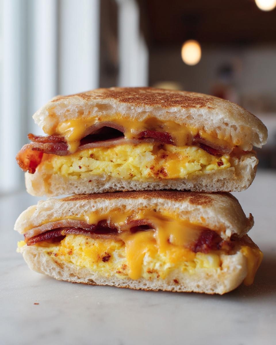 Close-up of an english muffin breakfast sandwich cut in half, showing scrambled eggs, bacon, and melted cheddar cheese.