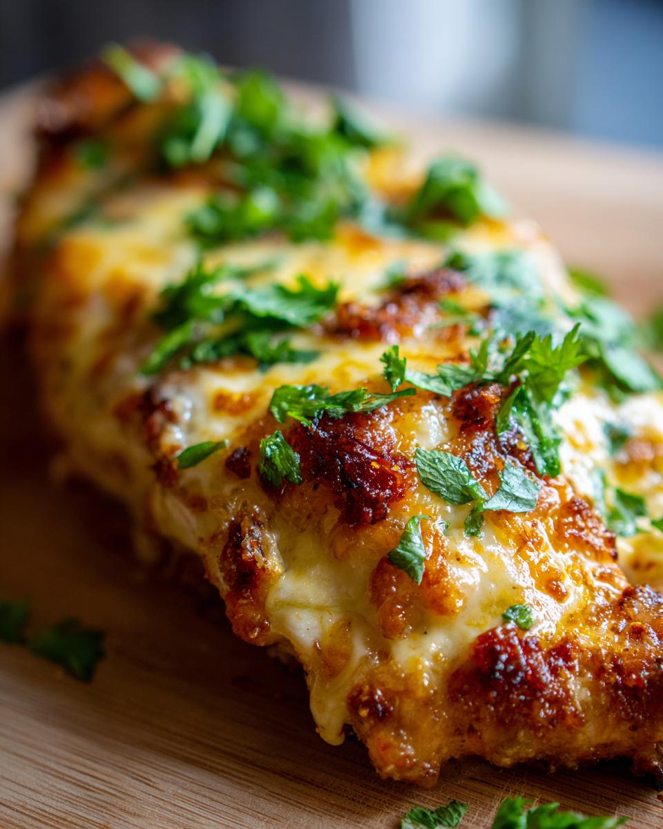 Close-up of baked fiesta lime chicken smothered in melted, browned cheese and fresh cilantro.
