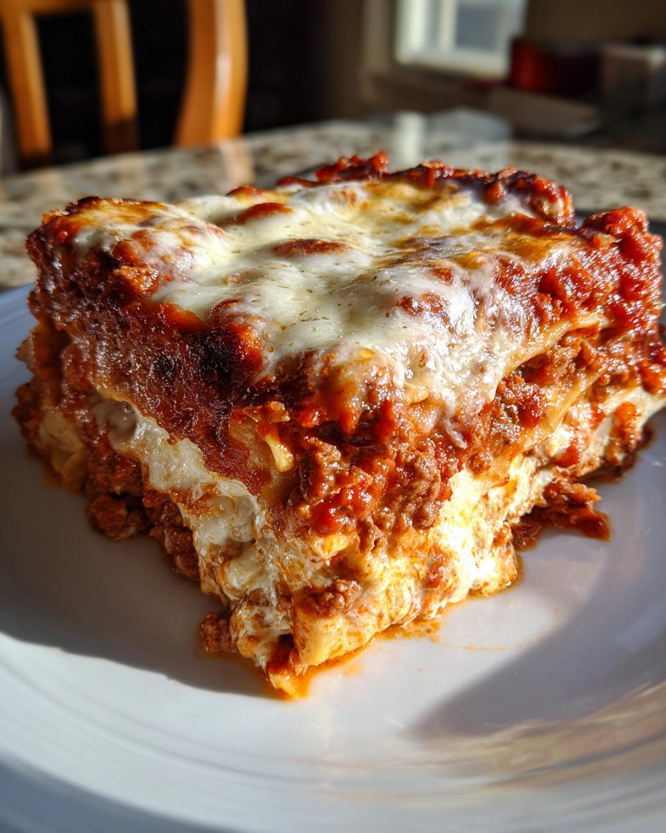 A close-up, sunlit slice of homemade lasagna showing layers of pasta, ricotta, and rich meat sauce topped with melted mozzarella cheese.