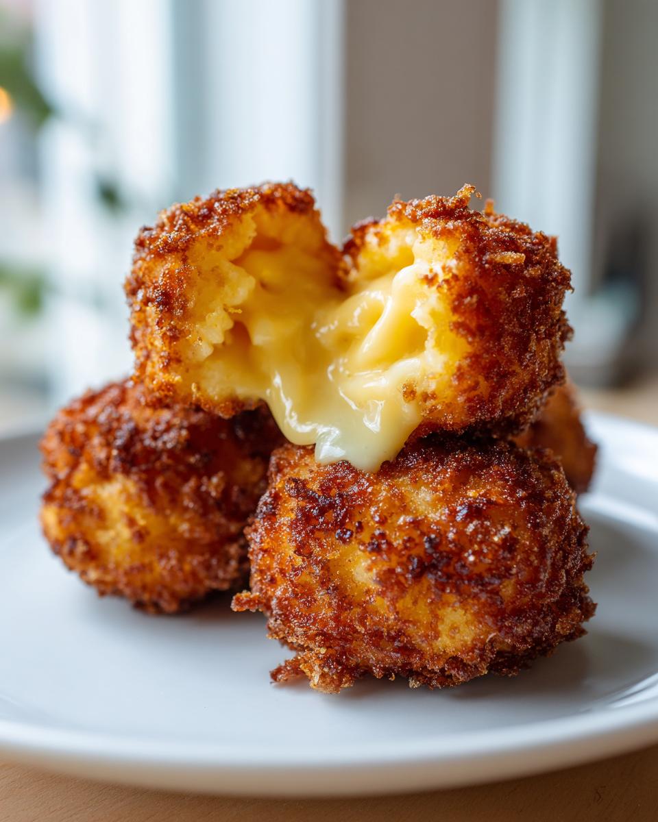 Close-up of golden brown potato croquettes, one split open revealing a molten cheese center.