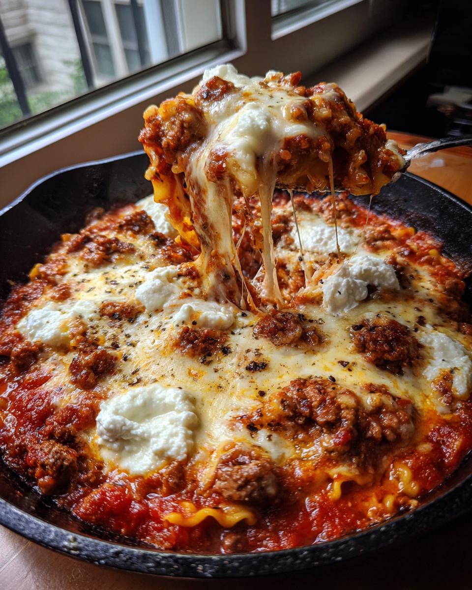 A spoonful of cheesy, saucy skillet lasagna being lifted from a cast iron pan, showing long cheese pulls.