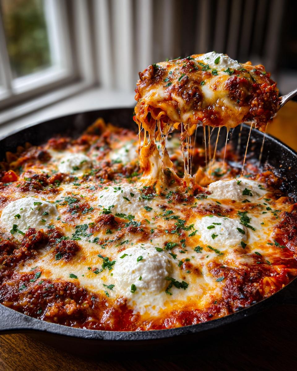 A spoonful of cheesy, saucy skillet lasagna being lifted from the pan, showing long cheese pulls.