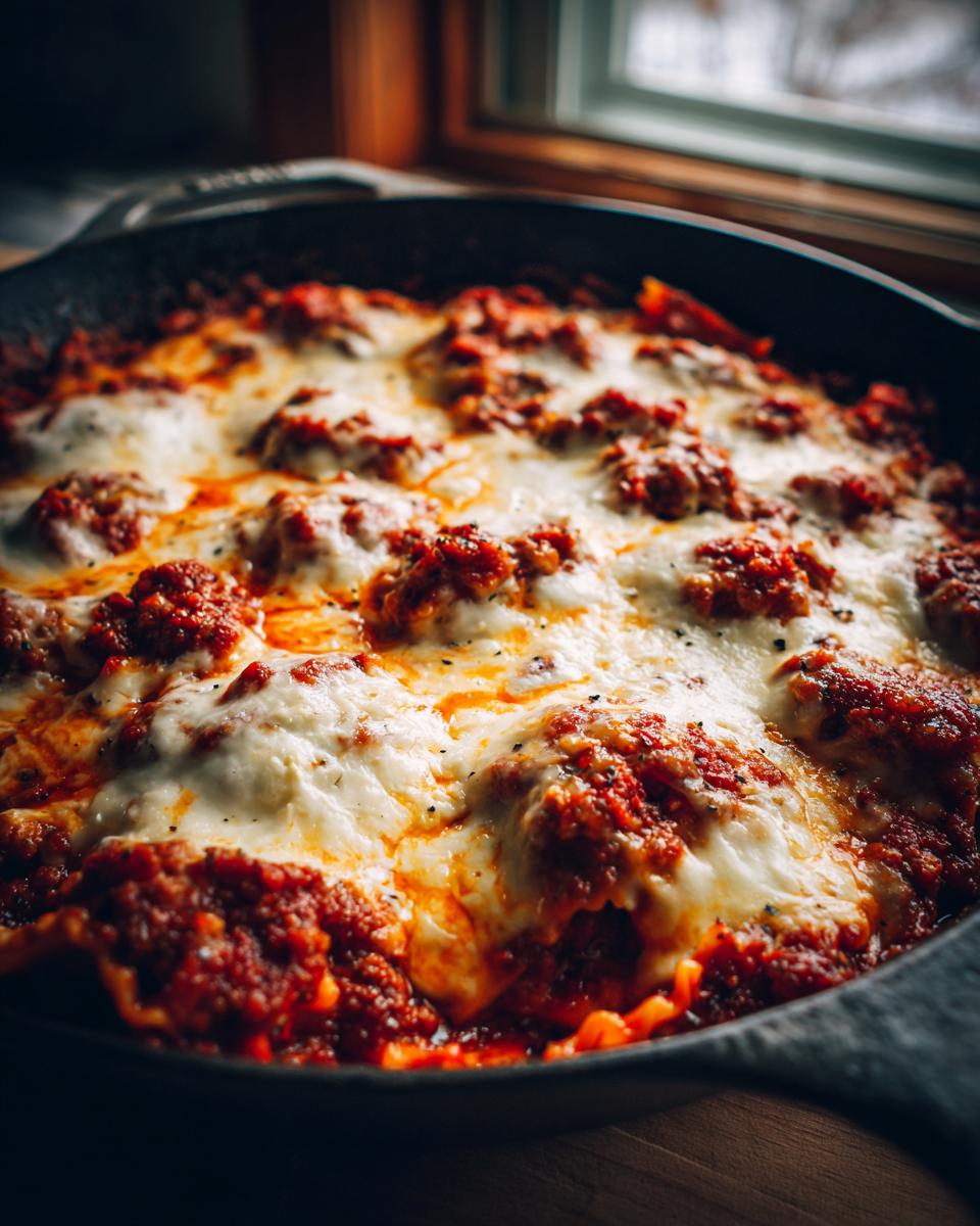 Close-up of bubbling, cheesy skillet lasagna topped with melted mozzarella and rich meat sauce in a black cast iron pan.