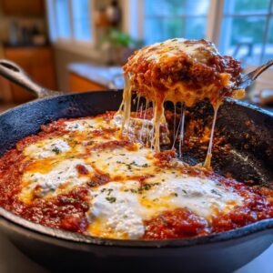 A serving of cheesy skillet lasagna being lifted from a cast iron pan, showing long cheese pulls.