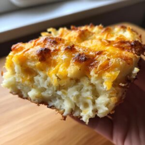 A close-up of a thick slice of baked mashed potatoes topped with melted, browned cheddar cheese.