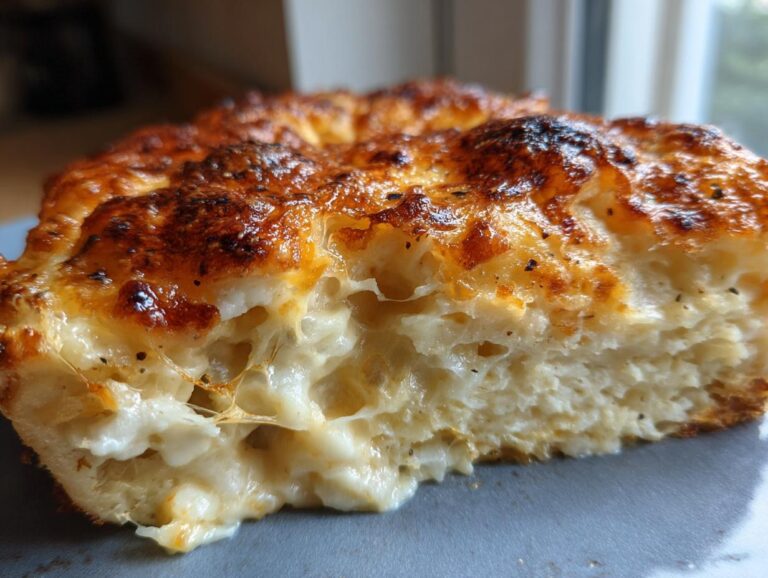 Close-up of a cheesy, golden-brown slice of baked mashed potatoes with a gooey, melted interior.