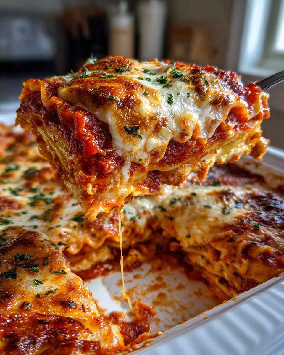 A gooey, cheesy slice of lazy lasagna being lifted from a white baking dish, showing melted cheese and rich sauce.
