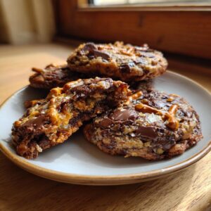 A plate of freshly baked kitchen sink cookies, one broken open to show the gooey interior, topped with chocolate chunks and pretzels.
