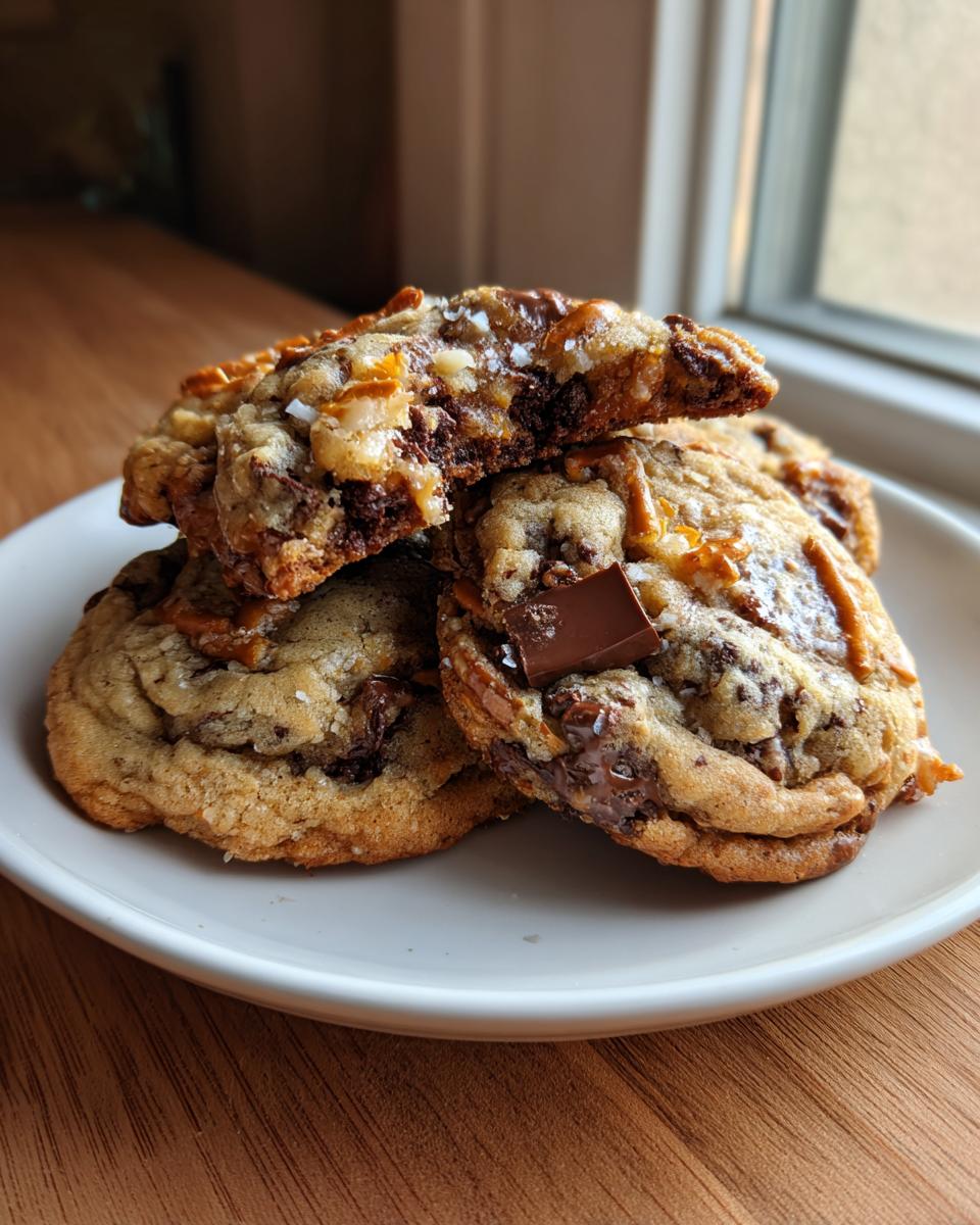 A stack of three gooey kitchen sink cookies topped with chocolate chunks, caramel swirls, and sea salt flakes.