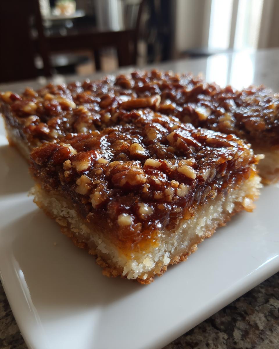 Close-up of thick, square pecan pie bars with a gooey caramel topping and crunchy pecans on a white plate.